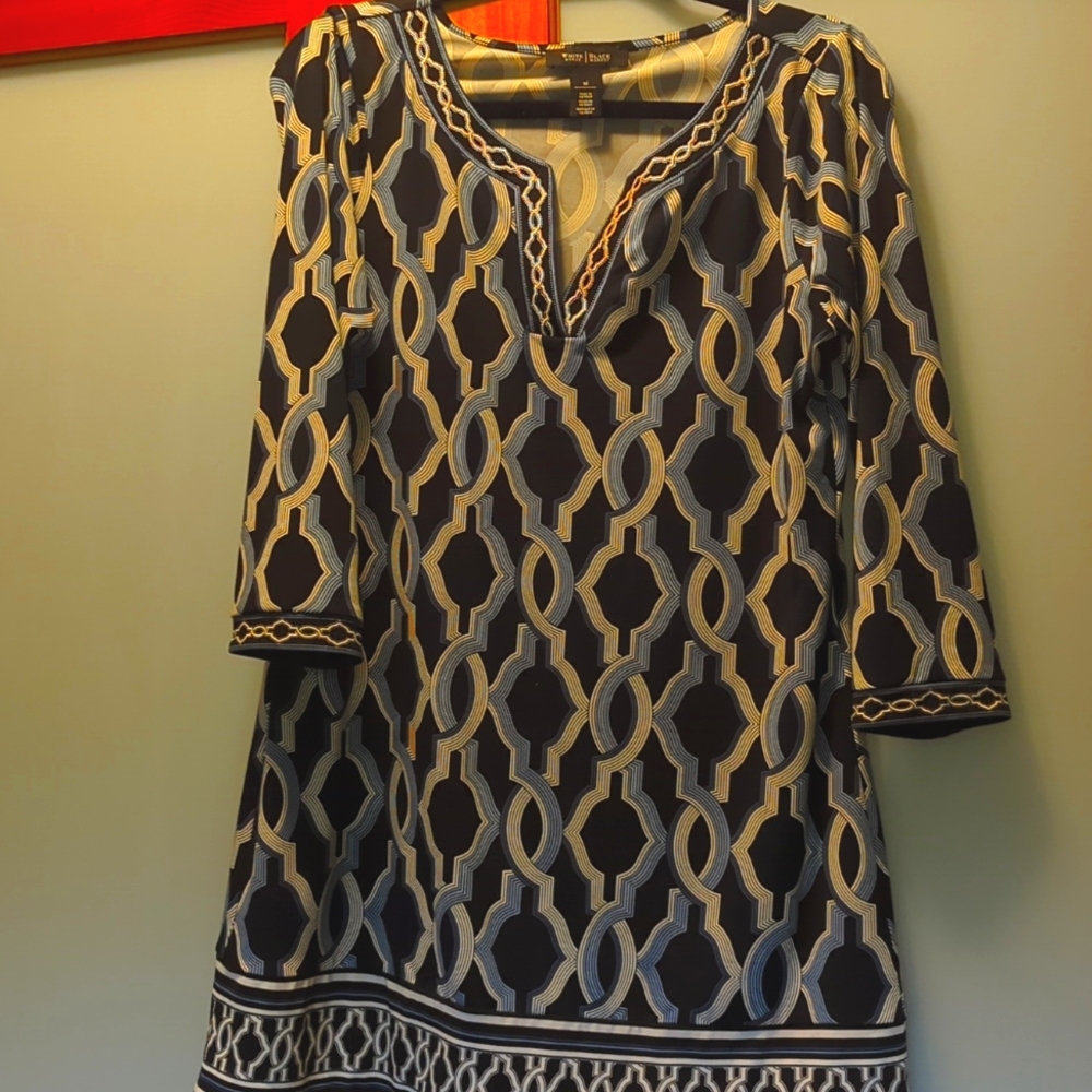 Black, blue, and white dress from White House Black Market.